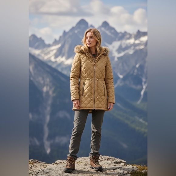 The Limited Jackets & Blazers - The Limited Quilted Hooded Coat with Faux Fur Trim – Taupe, Size M – Chic & Cozy